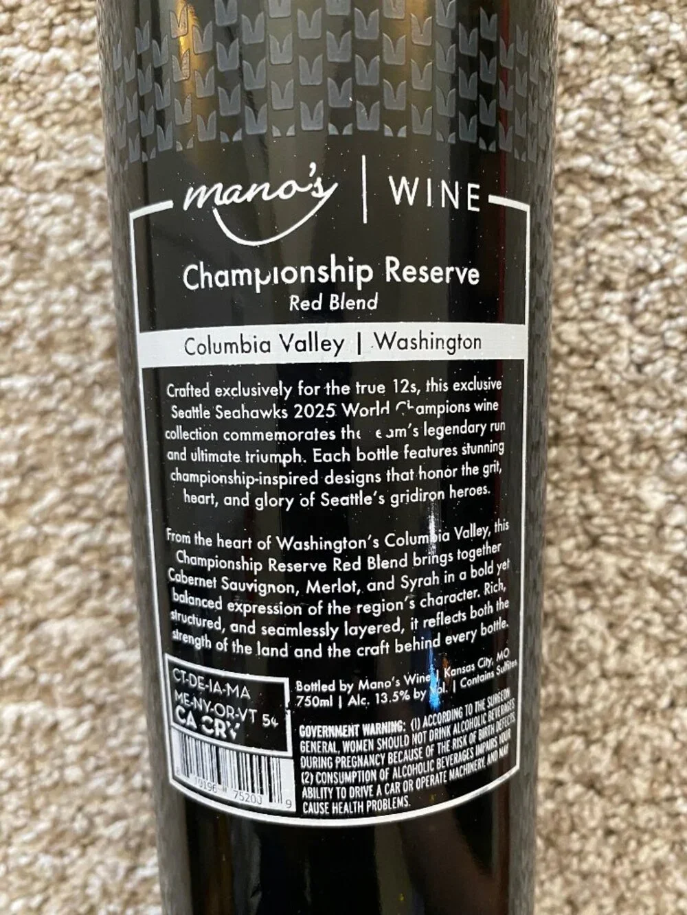 Limited Edition World Champions 2025 Seattle Seahawks Empty Wine Bottle